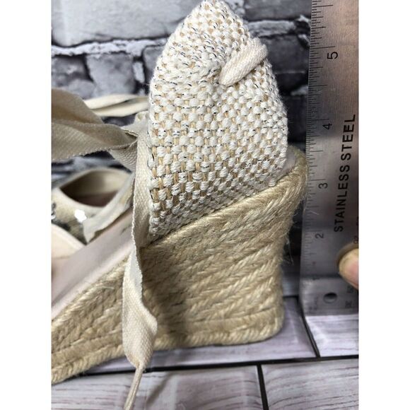 Saks Fifth Ave Ivory Fabric Sequin Ankle Lace Wedge Espadrilles Sandals Women 6M - Picture 15 of 16